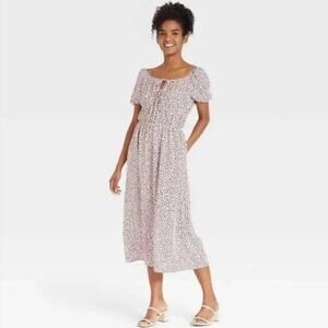 Who What Wear  pink Puff Short Sleeve Smocked Dress Mini Leaves medium